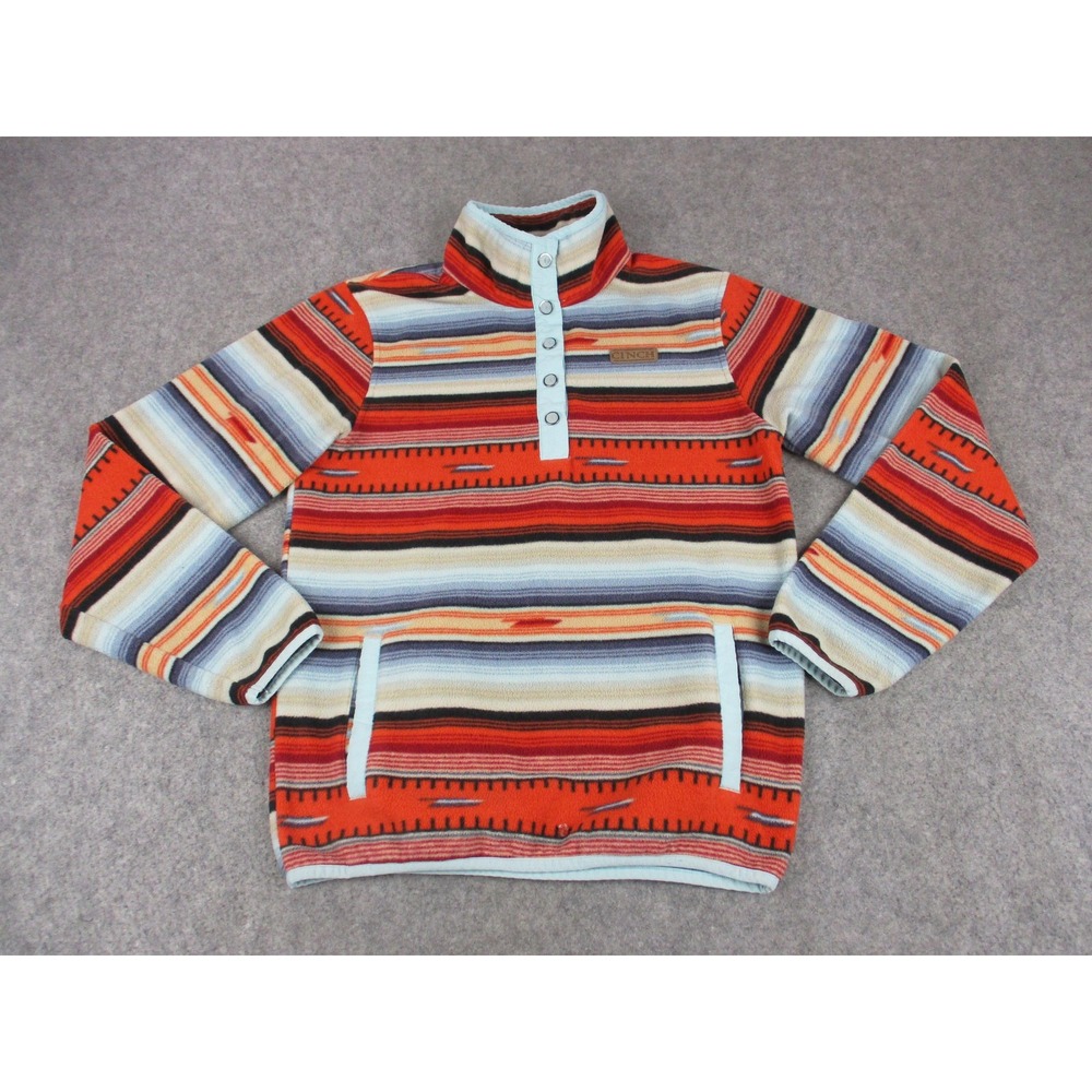 Cinch Pullover Sweater Womens Small Orange Blue Aztec Fleece Mock Neck Striped